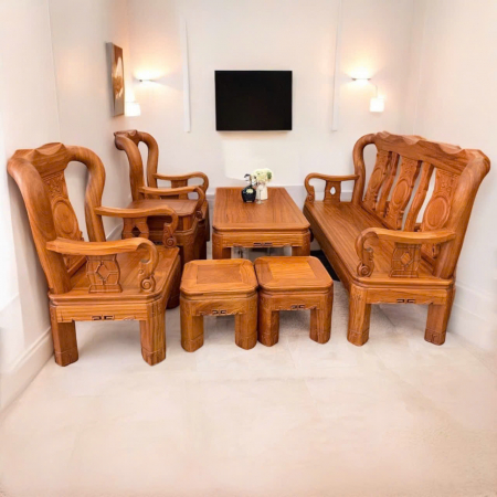 Bộ Ghế 12 Chân Xoay 7 Món Gõ Đỏ