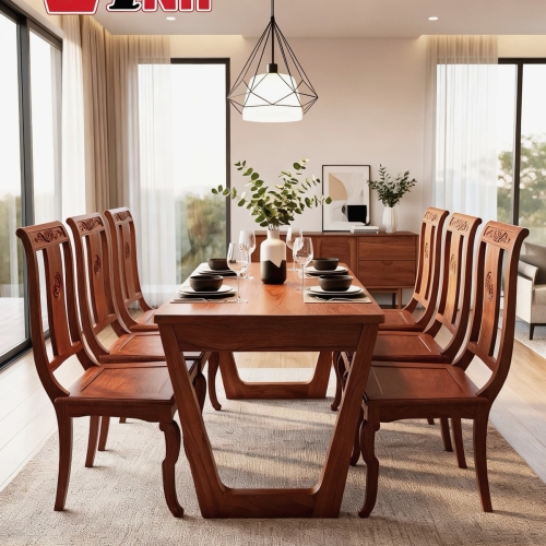 BỘ BÀN ĂN CHÂN U + 6 GHẾ CÚC GỖ GÕ ĐỎ 