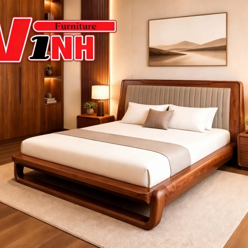 GIƯỜNG CHÂN QUỲ 1.8M BỌC NỆM ĐẦU GIƯỜNG GỖ TẦN BÌ