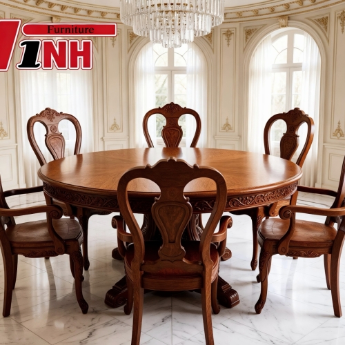 BỘ BÀN TRÒN + 6 GHẾ HOÀNG GIA GỖ GÕ ĐỎ