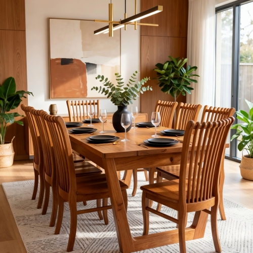 BỘ BÀN ĂN CHÂN U + 8 GHẾ 7 NAN GỖ GÕ ĐỎ 