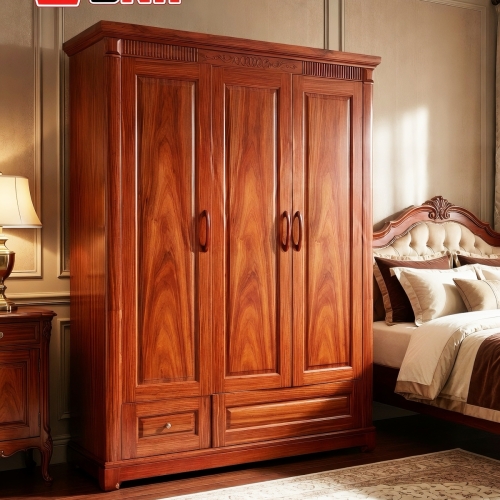 Tủ Áo 3 Cánh Chạm Đồng Tiền Gỗ Hương Đá (Phủ)